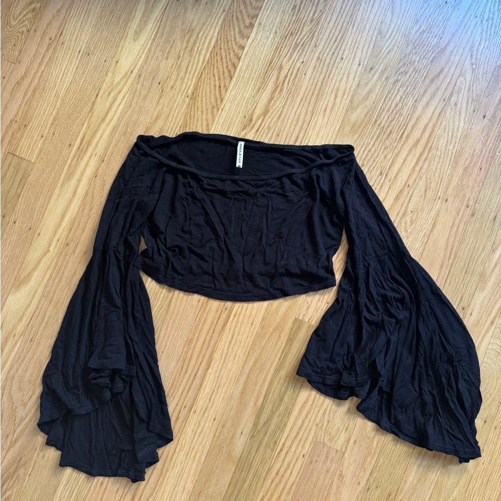 Emma & Sam Black Off-Shoulder Bell Sleeve Crop Top